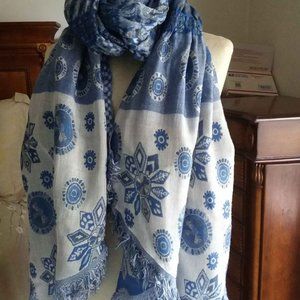 Blue Floral Large Scarf with fringe, 80"x16"